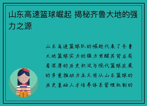 山东高速篮球崛起 揭秘齐鲁大地的强力之源