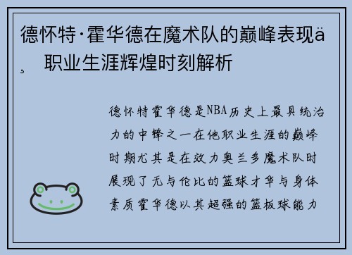 德怀特·霍华德在魔术队的巅峰表现与职业生涯辉煌时刻解析